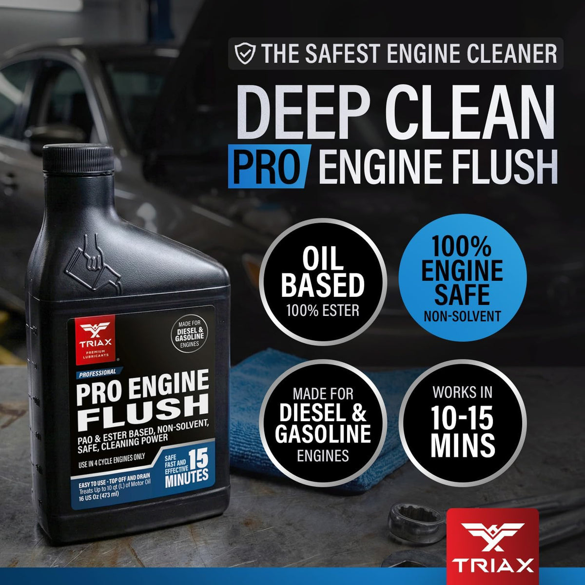 TRIAX Pro Engine Flush Oil-Based Deep Clean Motor Oil Flush Removes Sludge & Carbon | Non-Solvent | Safe for Engine, Seals, Injectors | Professional Shop Grade (16 oz - 473 ml)